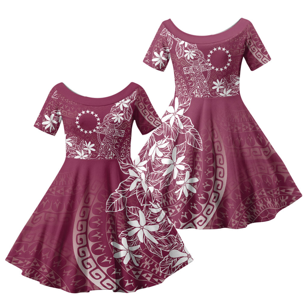 Maroon Kuki Airani Tapakau Family Matching Off Shoulder Short Dress and Hawaiian Shirt Tribal Anchor Mix Tiare LT7 Daughter's Dress Maroon - Polynesian Pride