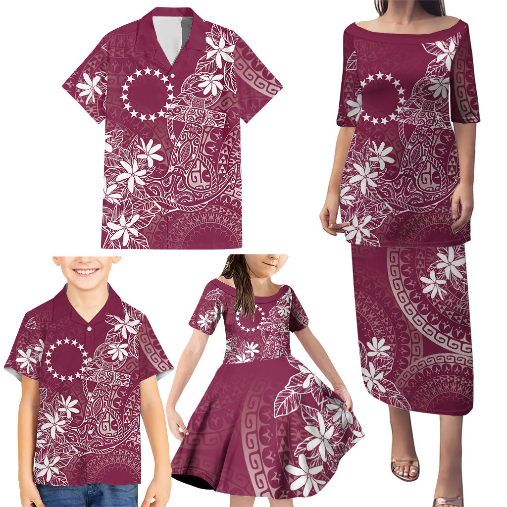 Maroon Kuki Airani Tapakau Family Matching Puletasi and Hawaiian Shirt Tribal Anchor Mix Tiare