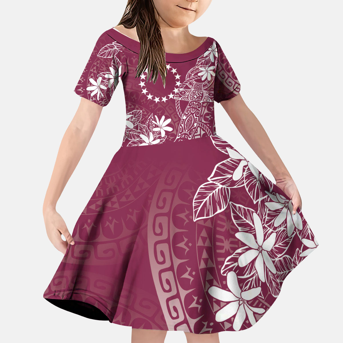 Maroon Kuki Airani Tapakau Kid Short Sleeve Dress Tribal Anchor Mix Tiare