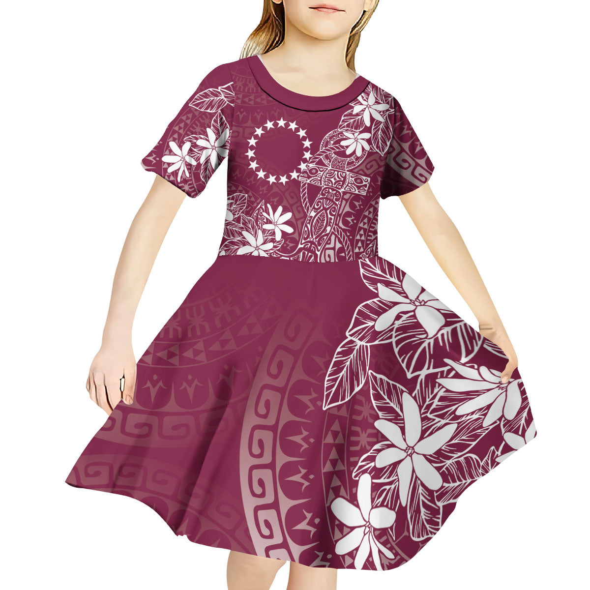 Maroon Kuki Airani Tapakau Kid Short Sleeve Dress Tribal Anchor Mix Tiare