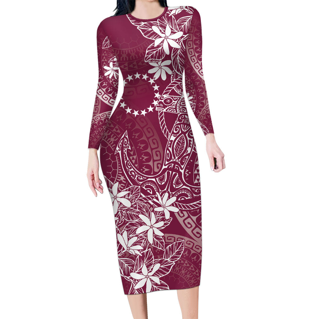 Maroon Kuki Airani Tapakau Long Sleeve Bodycon Dress Tribal Anchor Mix Tiare