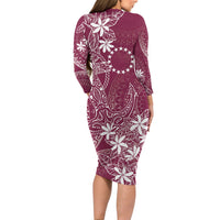 Maroon Kuki Airani Tapakau Long Sleeve Bodycon Dress Tribal Anchor Mix Tiare