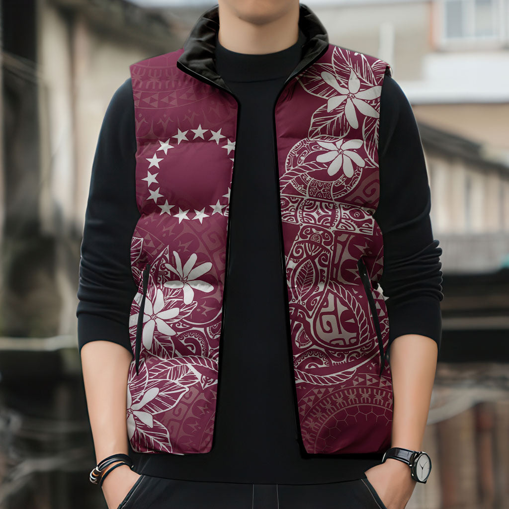 Maroon Kuki Airani Tapakau Sleeveless Puffer Jacket Tribal Anchor Mix Tiare