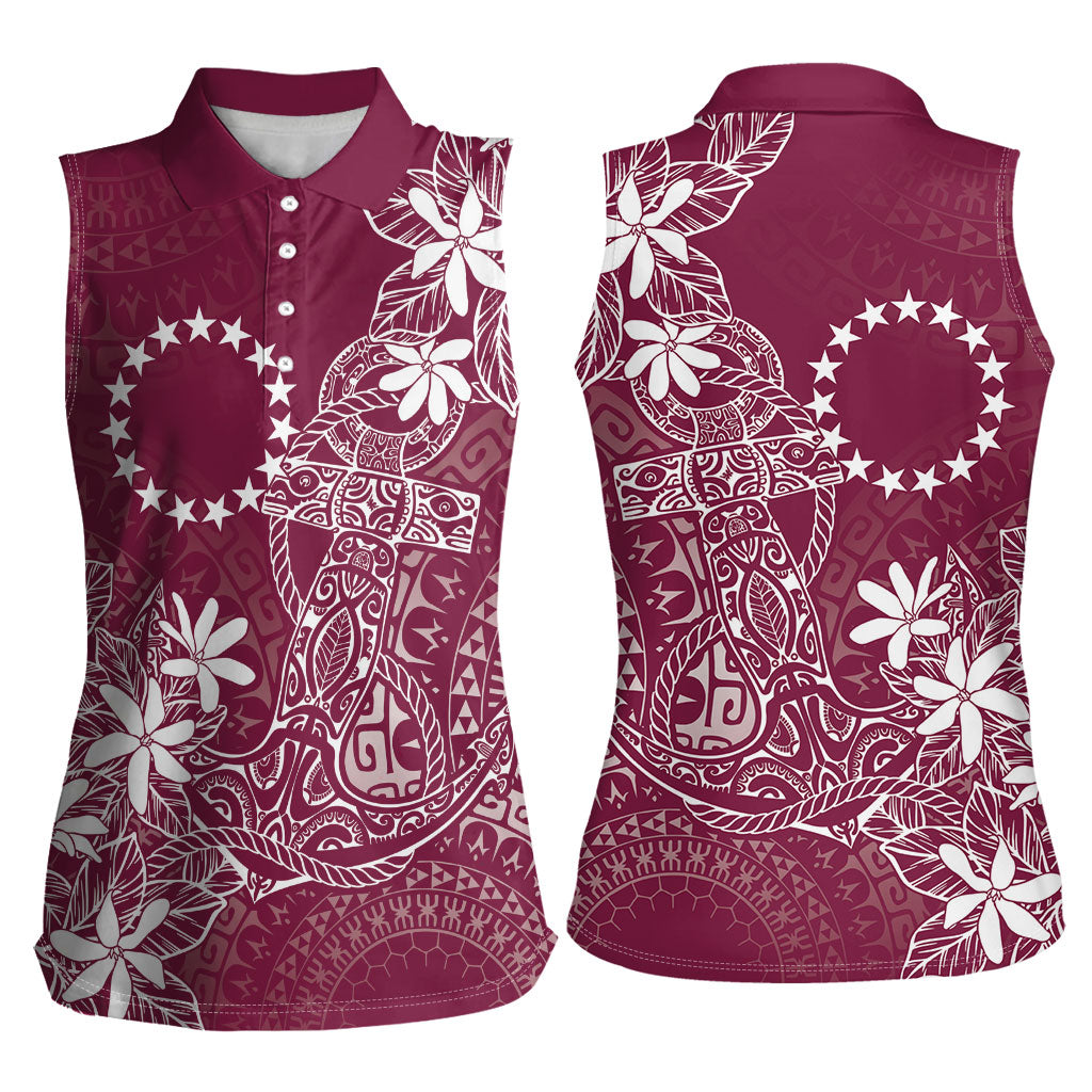 Maroon Kuki Airani Tapakau Women Sleeveless Polo Shirt Tribal Anchor Mix Tiare