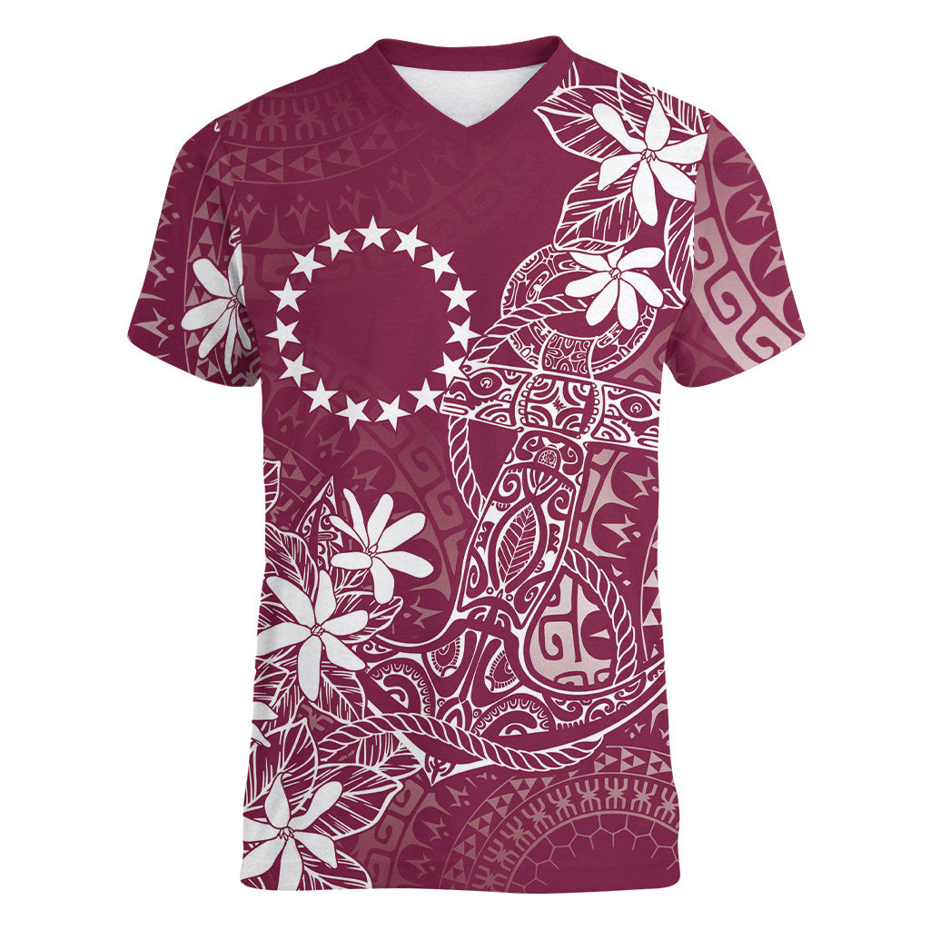 Maroon Kuki Airani Tapakau Women V-Neck T-Shirt Tribal Anchor Mix Tiare