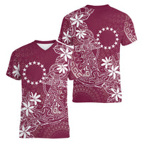 Maroon Kuki Airani Tapakau Women V-Neck T-Shirt Tribal Anchor Mix Tiare