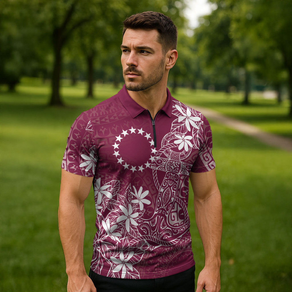 Maroon Kuki Airani Tapakau Zipper Polo Shirt Tribal Anchor Mix Tiare