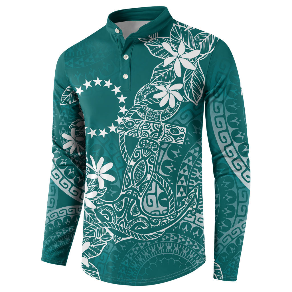 Teal Kuki Airani Tapakau Button Sweatshirt Tribal Anchor Mix Tiare