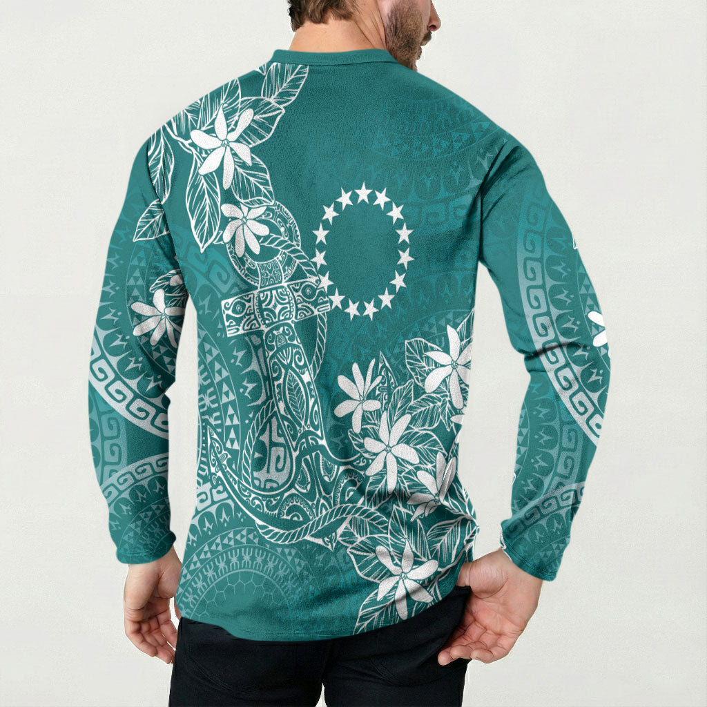 Teal Kuki Airani Tapakau Button Sweatshirt Tribal Anchor Mix Tiare