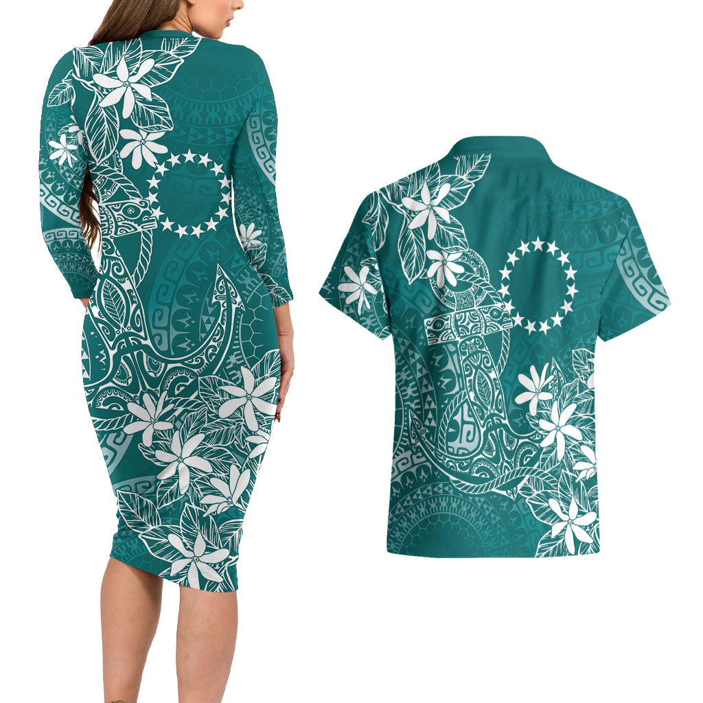 Teal Kuki Airani Tapakau Couples Matching Long Sleeve Bodycon Dress and Hawaiian Shirt Tribal Anchor Mix Tiare