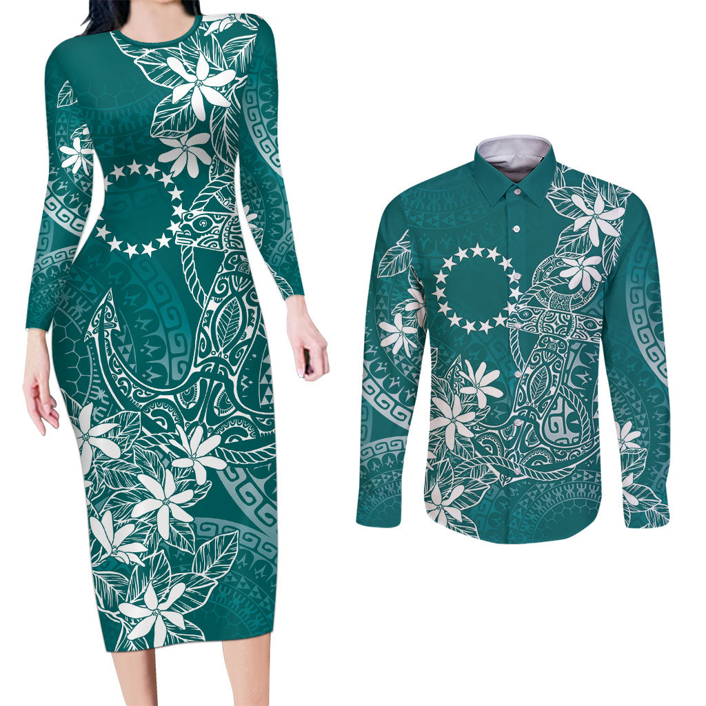 Teal Kuki Airani Tapakau Couples Matching Long Sleeve Bodycon Dress and Long Sleeve Button Shirt Tribal Anchor Mix Tiare