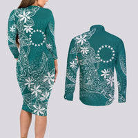Teal Kuki Airani Tapakau Couples Matching Long Sleeve Bodycon Dress and Long Sleeve Button Shirt Tribal Anchor Mix Tiare