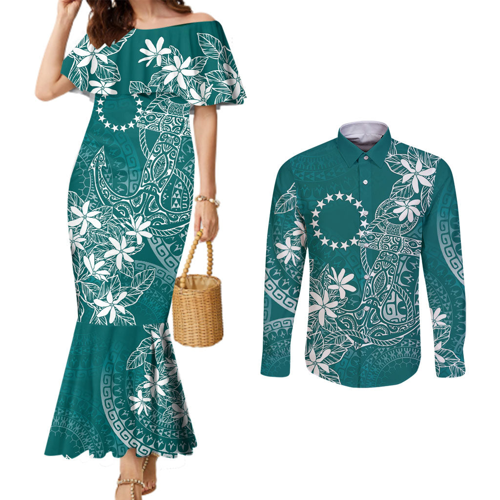 Teal Kuki Airani Tapakau Couples Matching Mermaid Dress and Long Sleeve Button Shirt Tribal Anchor Mix Tiare