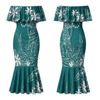 Teal Kuki Airani Tapakau Couples Matching Mermaid Dress and Long Sleeve Button Shirt Tribal Anchor Mix Tiare LT7 - Polynesian Pride