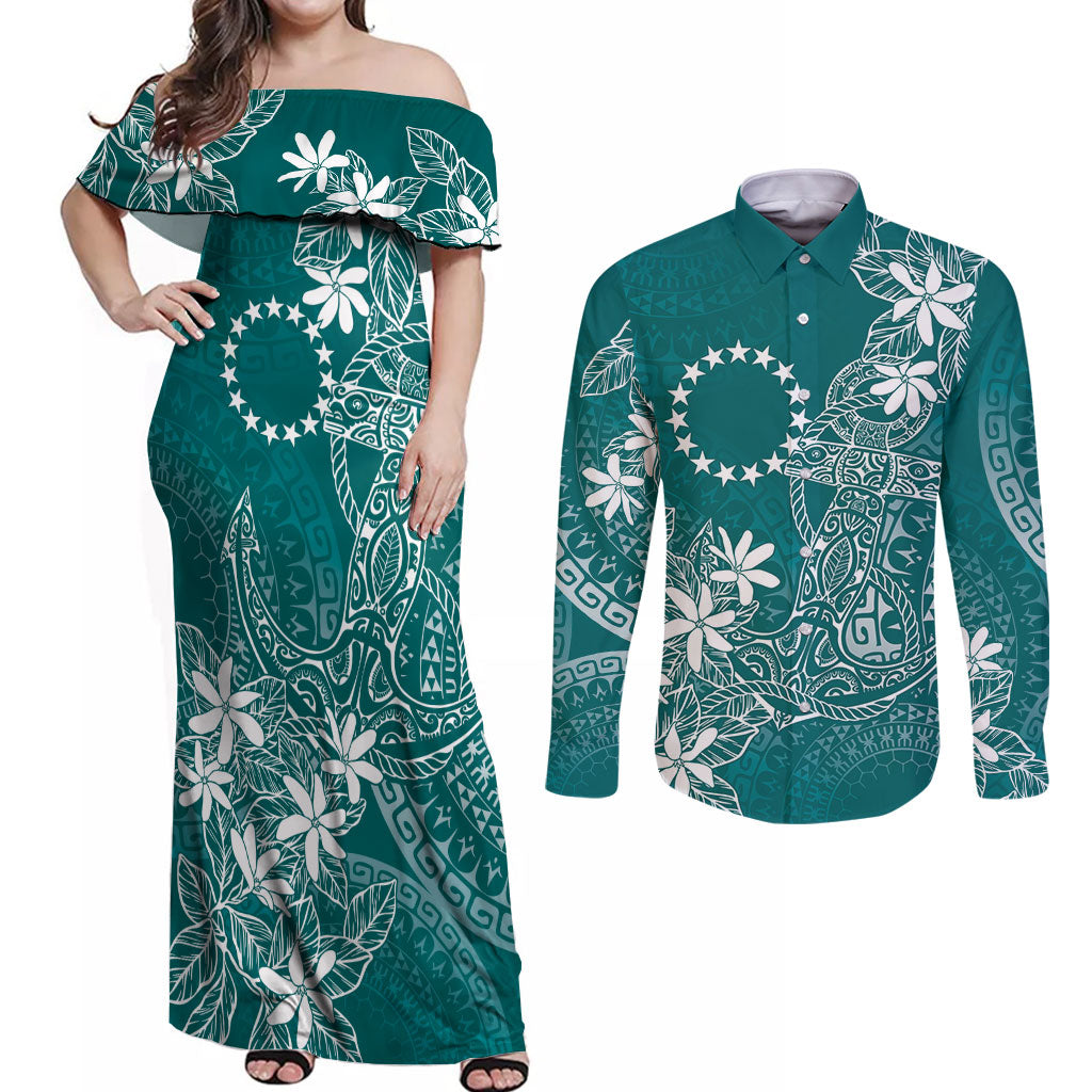 Teal Kuki Airani Tapakau Couples Matching Off Shoulder Maxi Dress and Long Sleeve Button Shirt Tribal Anchor Mix Tiare