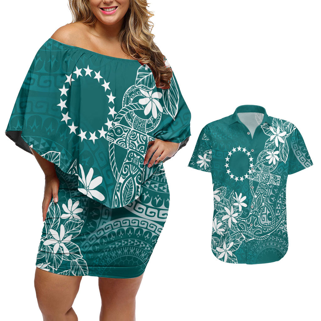 Teal Kuki Airani Tapakau Couples Matching Off Shoulder Short Dress and Hawaiian Shirt Tribal Anchor Mix Tiare