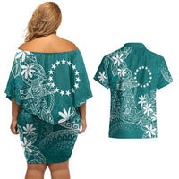 Teal Kuki Airani Tapakau Couples Matching Off Shoulder Short Dress and Hawaiian Shirt Tribal Anchor Mix Tiare