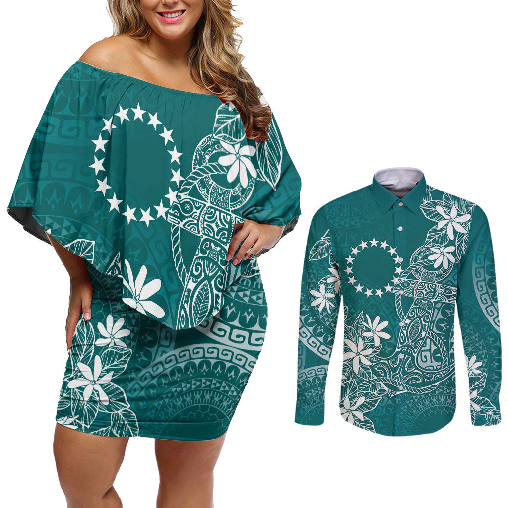 Teal Kuki Airani Tapakau Couples Matching Off Shoulder Short Dress and Long Sleeve Button Shirt Tribal Anchor Mix Tiare
