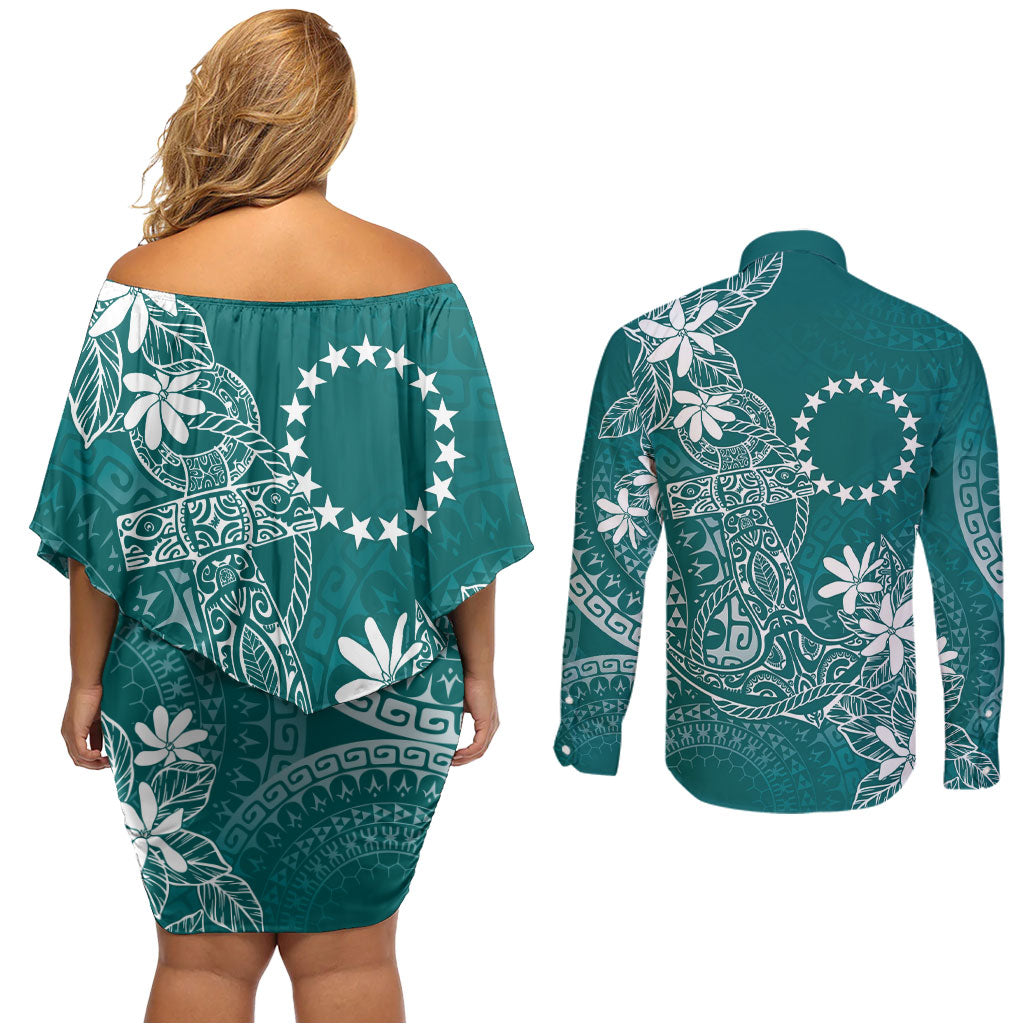 Teal Kuki Airani Tapakau Couples Matching Off Shoulder Short Dress and Long Sleeve Button Shirt Tribal Anchor Mix Tiare