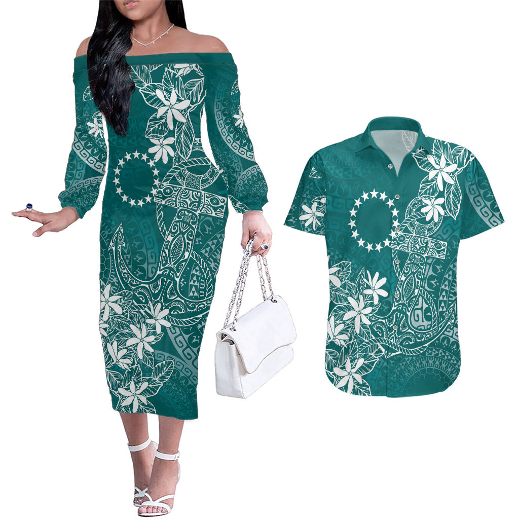 Teal Kuki Airani Tapakau Couples Matching Off The Shoulder Long Sleeve Dress and Hawaiian Shirt Tribal Anchor Mix Tiare
