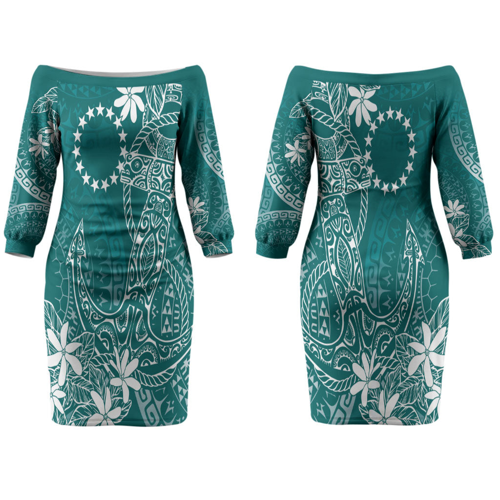 Teal Kuki Airani Tapakau Couples Matching Off The Shoulder Long Sleeve Dress and Hawaiian Shirt Tribal Anchor Mix Tiare LT7 - Polynesian Pride