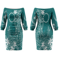 Teal Kuki Airani Tapakau Couples Matching Off The Shoulder Long Sleeve Dress and Hawaiian Shirt Tribal Anchor Mix Tiare LT7 - Polynesian Pride
