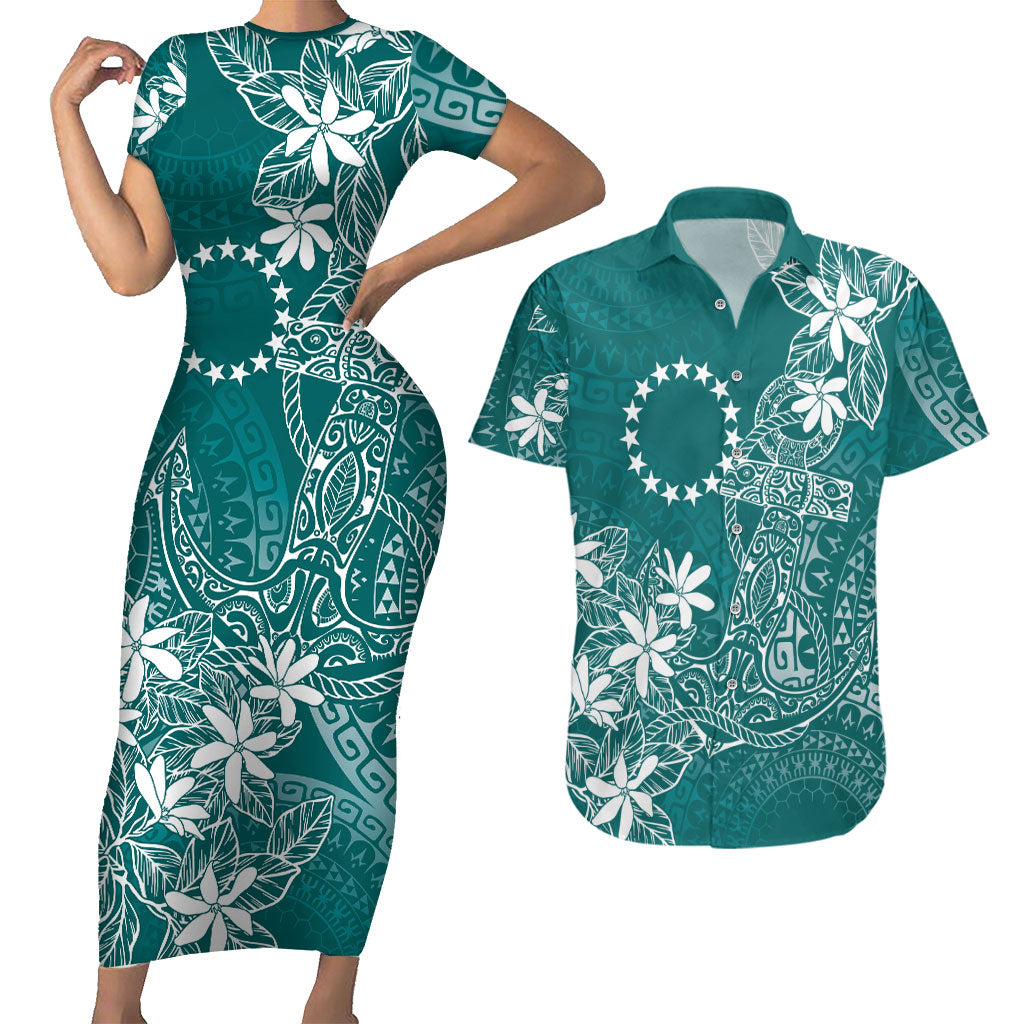 Teal Kuki Airani Tapakau Couples Matching Short Sleeve Bodycon Dress and Hawaiian Shirt Tribal Anchor Mix Tiare