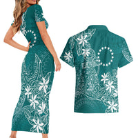 Teal Kuki Airani Tapakau Couples Matching Short Sleeve Bodycon Dress and Hawaiian Shirt Tribal Anchor Mix Tiare