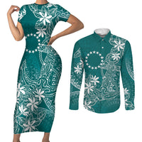 Teal Kuki Airani Tapakau Couples Matching Short Sleeve Bodycon Dress and Long Sleeve Button Shirt Tribal Anchor Mix Tiare