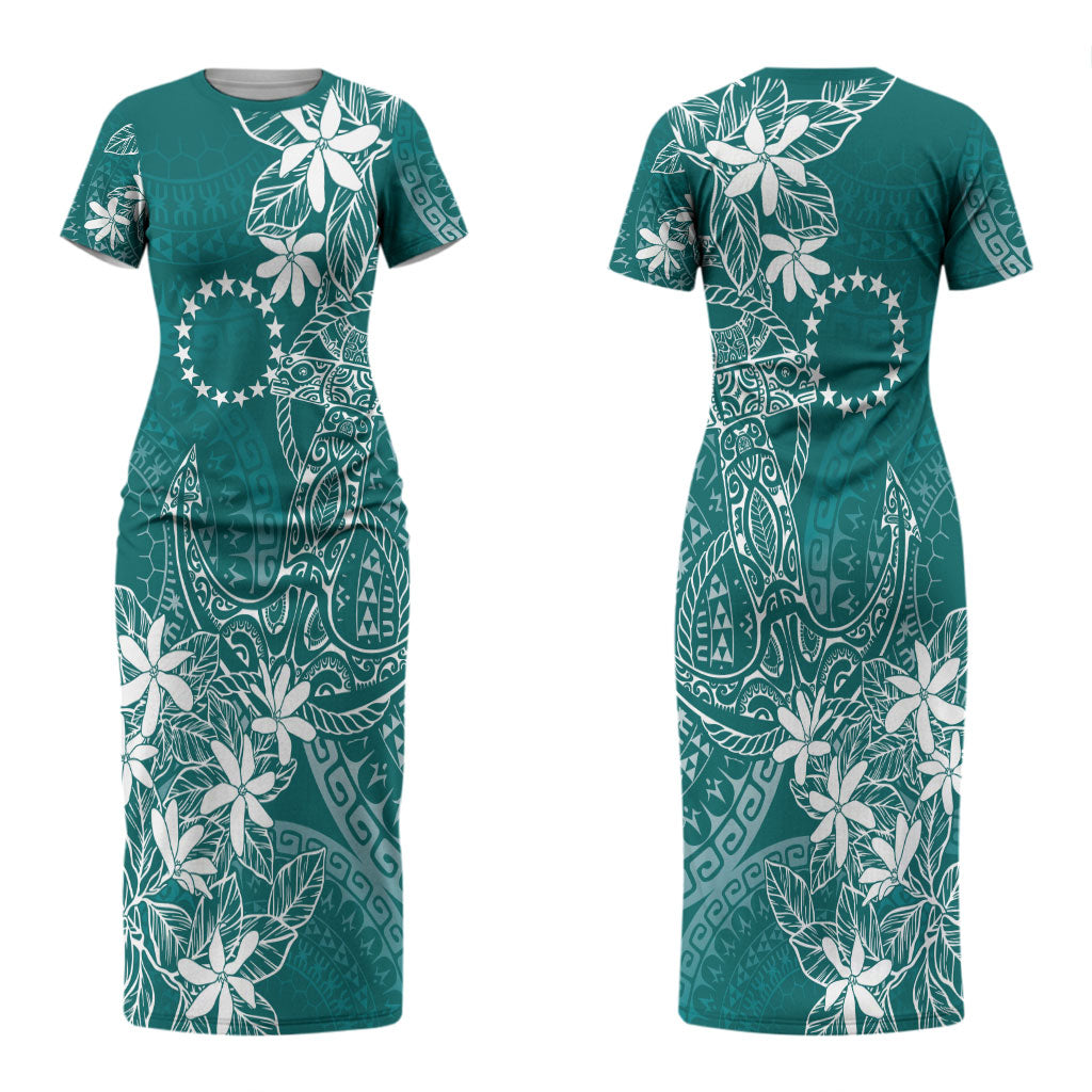 Teal Kuki Airani Tapakau Couples Matching Short Sleeve Bodycon Dress and Long Sleeve Button Shirt Tribal Anchor Mix Tiare LT7 - Polynesian Pride
