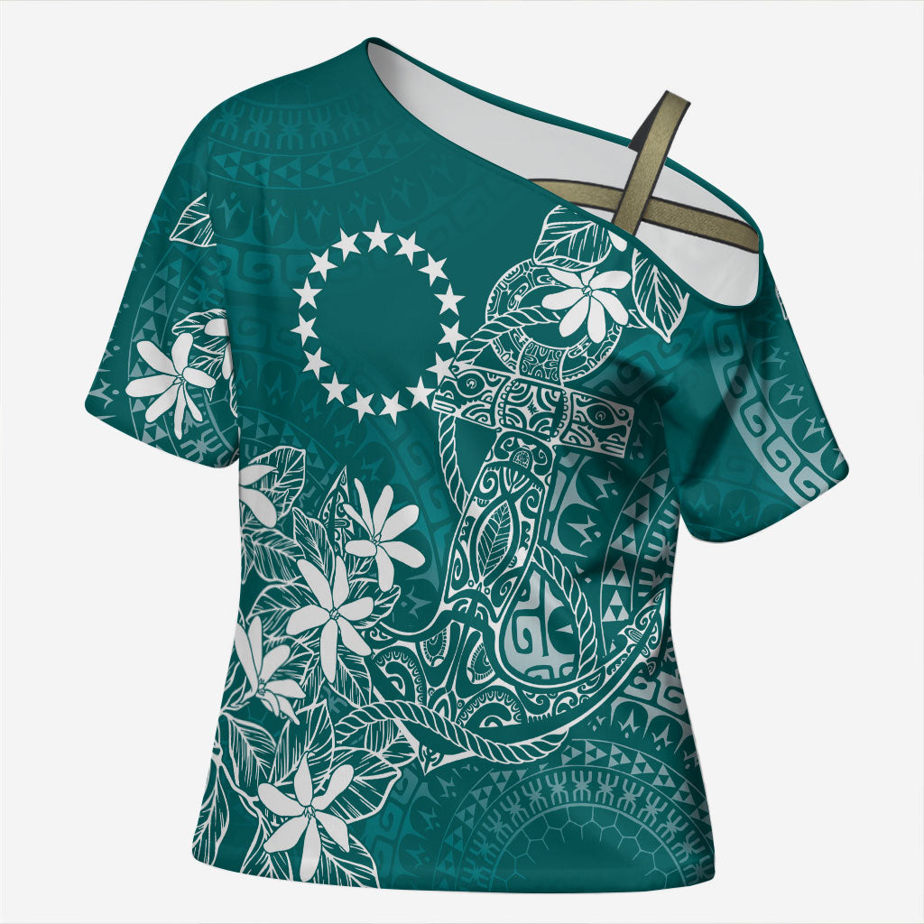 Teal Kuki Airani Tapakau Cross Shoulder Shirt Tribal Anchor Mix Tiare LT7 Female Teal - Polynesian Pride