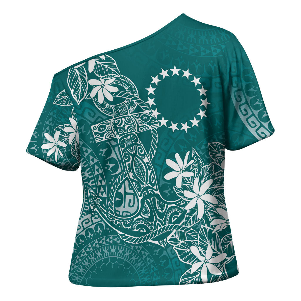Teal Kuki Airani Tapakau Cross Shoulder Shirt Tribal Anchor Mix Tiare LT7 - Polynesian Pride