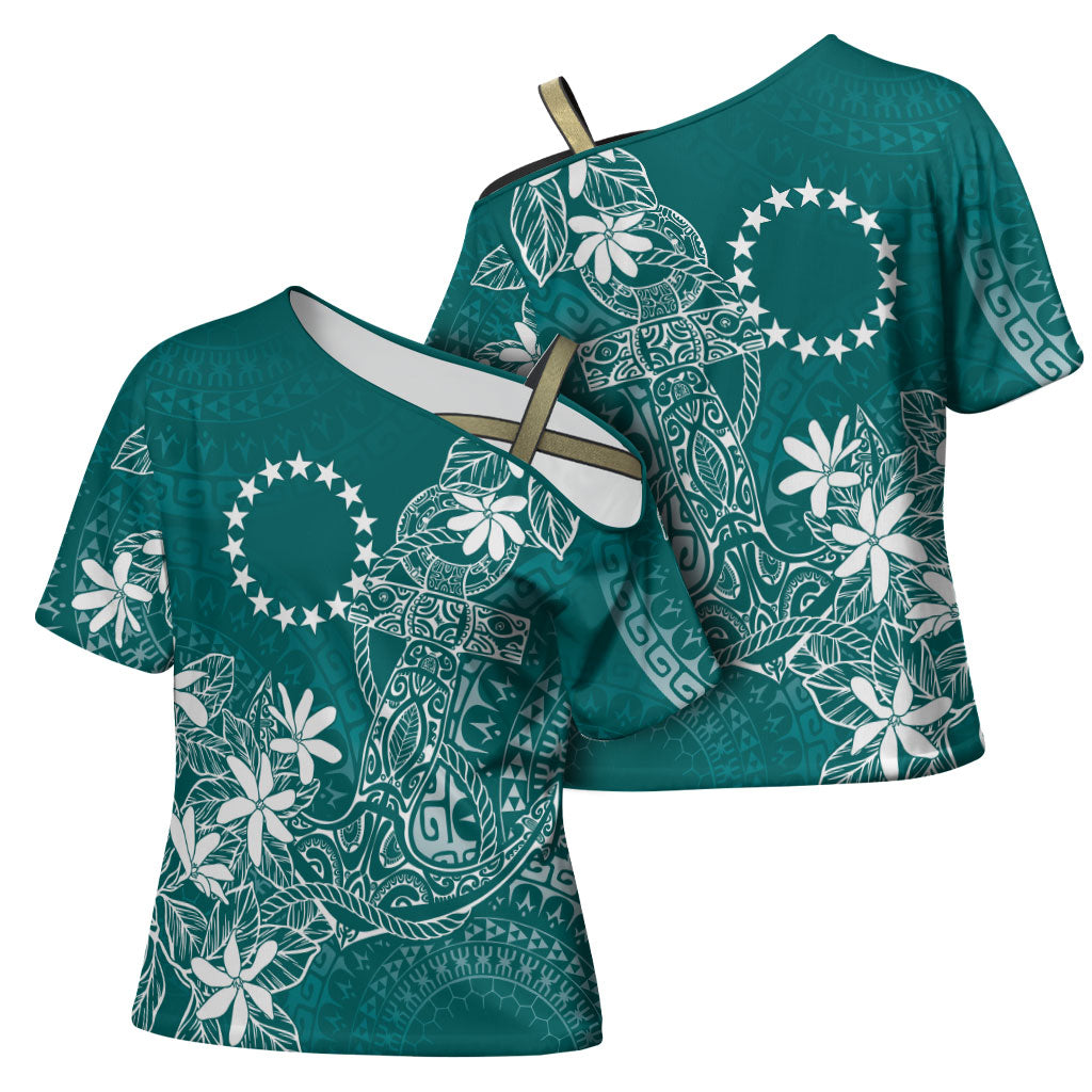 Teal Kuki Airani Tapakau Cross Shoulder Shirt Tribal Anchor Mix Tiare LT7 - Polynesian Pride