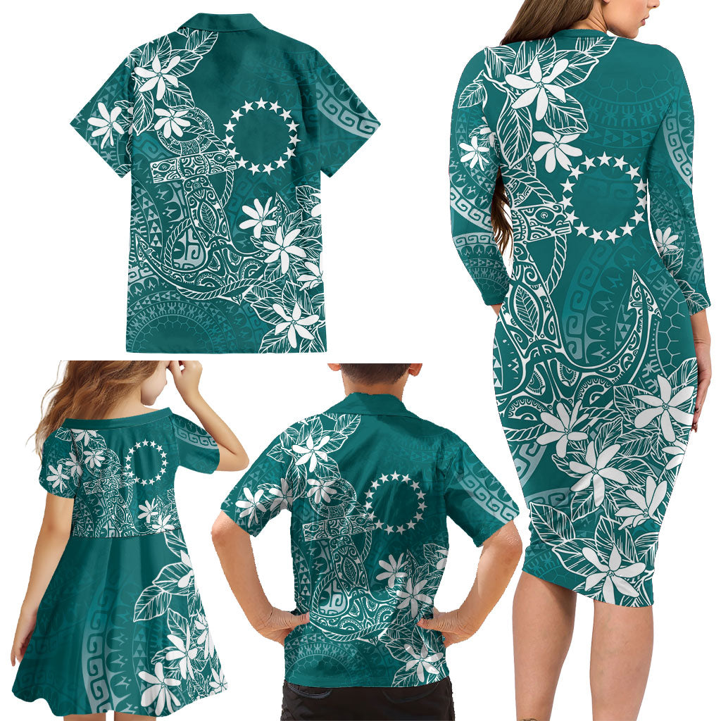 Teal Kuki Airani Tapakau Family Matching Long Sleeve Bodycon Dress and Hawaiian Shirt Tribal Anchor Mix Tiare