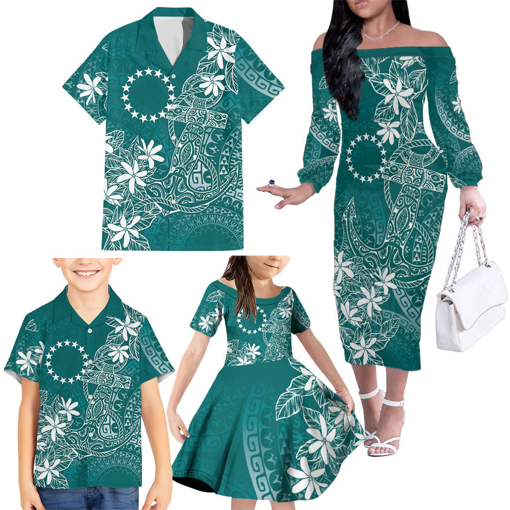 Teal Kuki Airani Tapakau Family Matching Off The Shoulder Long Sleeve Dress and Hawaiian Shirt Tribal Anchor Mix Tiare
