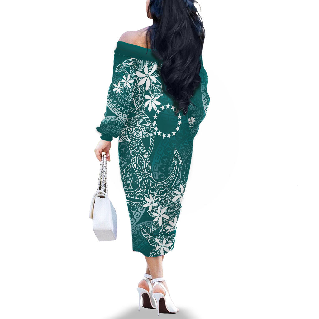 Teal Kuki Airani Tapakau Family Matching Off The Shoulder Long Sleeve Dress and Hawaiian Shirt Tribal Anchor Mix Tiare