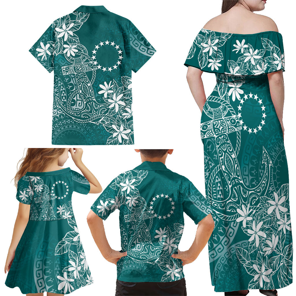 Teal Kuki Airani Tapakau Family Matching Off Shoulder Maxi Dress and Hawaiian Shirt Tribal Anchor Mix Tiare