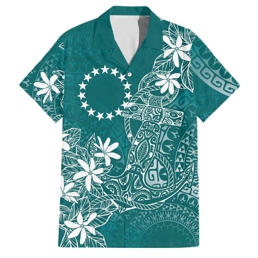 Teal Kuki Airani Tapakau Family Matching Off Shoulder Maxi Dress and Hawaiian Shirt Tribal Anchor Mix Tiare
