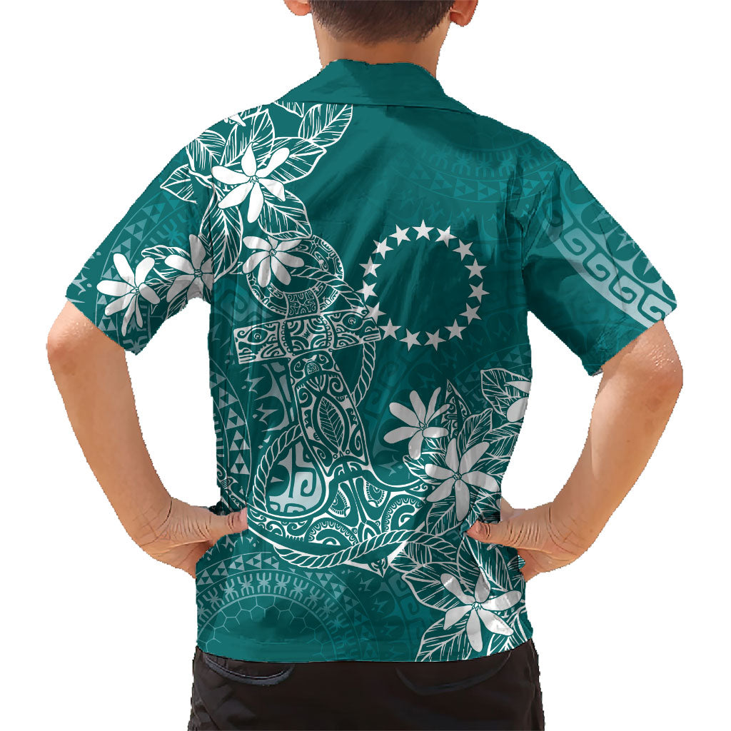 Teal Kuki Airani Tapakau Family Matching Off Shoulder Short Dress and Hawaiian Shirt Tribal Anchor Mix Tiare