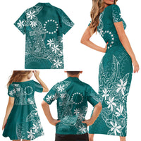 Teal Kuki Airani Tapakau Family Matching Short Sleeve Bodycon Dress and Hawaiian Shirt Tribal Anchor Mix Tiare