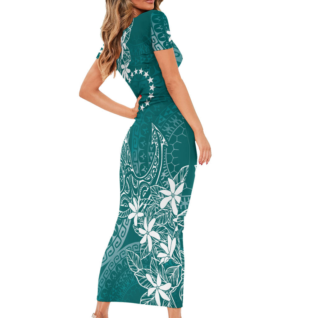 Teal Kuki Airani Tapakau Family Matching Short Sleeve Bodycon Dress and Hawaiian Shirt Tribal Anchor Mix Tiare