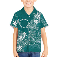 Teal Kuki Airani Tapakau Family Matching Short Sleeve Bodycon Dress and Hawaiian Shirt Tribal Anchor Mix Tiare