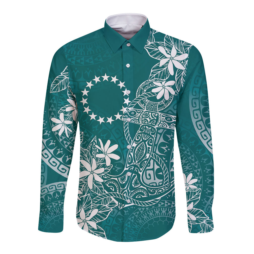 Teal Kuki Airani Tapakau Long Sleeve Button Shirt Tribal Anchor Mix Tiare