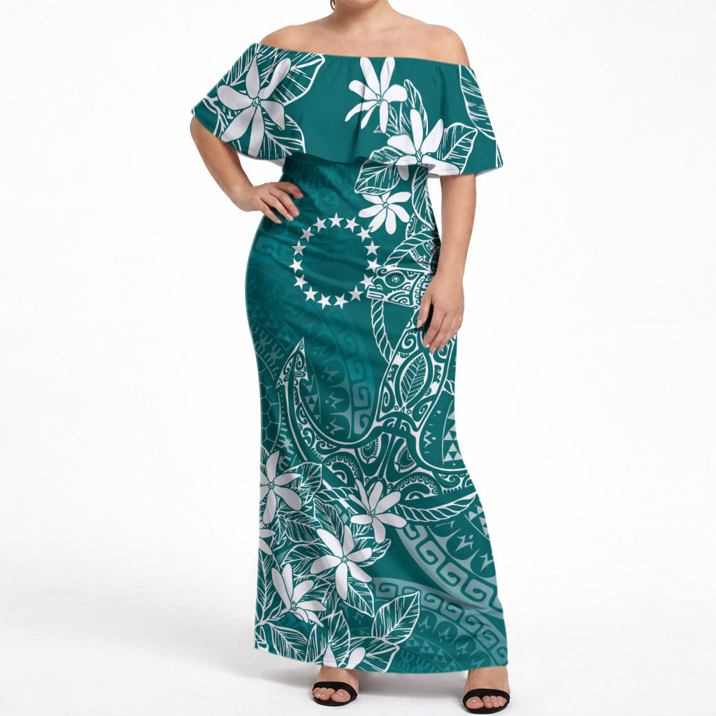 Teal Kuki Airani Tapakau Off Shoulder Maxi Dress Tribal Anchor Mix Tiare LT7 Women Teal - Polynesian Pride