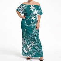 Teal Kuki Airani Tapakau Off Shoulder Maxi Dress Tribal Anchor Mix Tiare LT7 Women Teal - Polynesian Pride