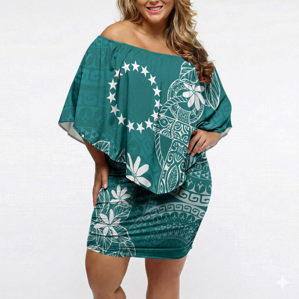 Teal Kuki Airani Tapakau Off Shoulder Short Dress Tribal Anchor Mix Tiare LT7 Women Teal - Polynesian Pride