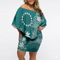 Teal Kuki Airani Tapakau Off Shoulder Short Dress Tribal Anchor Mix Tiare LT7 Women Teal - Polynesian Pride