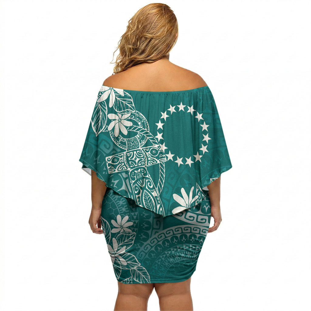 Teal Kuki Airani Tapakau Off Shoulder Short Dress Tribal Anchor Mix Tiare LT7 - Polynesian Pride