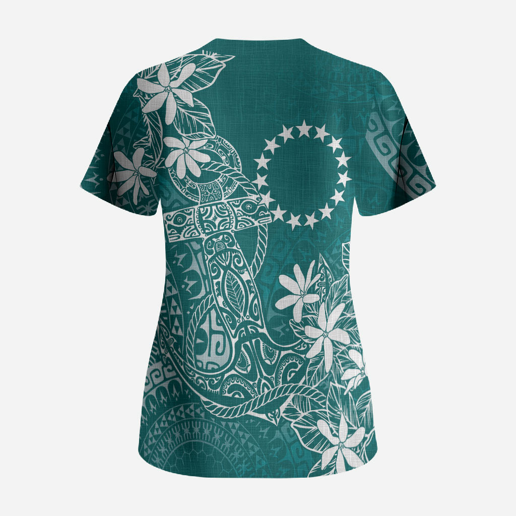 Teal Kuki Airani Tapakau Scrub Top Tribal Anchor Mix Tiare LT7 - Polynesian Pride