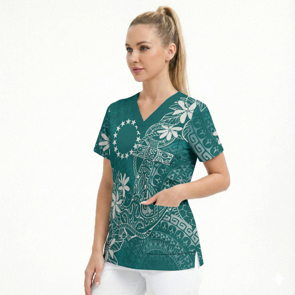 Teal Kuki Airani Tapakau Scrub Top Tribal Anchor Mix Tiare LT7 - Polynesian Pride